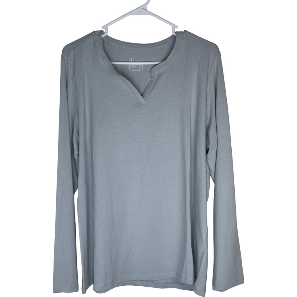 Denim & Co Essentials Top Women Large Gray Long Sleeve Split V-Neck Cotton Blend